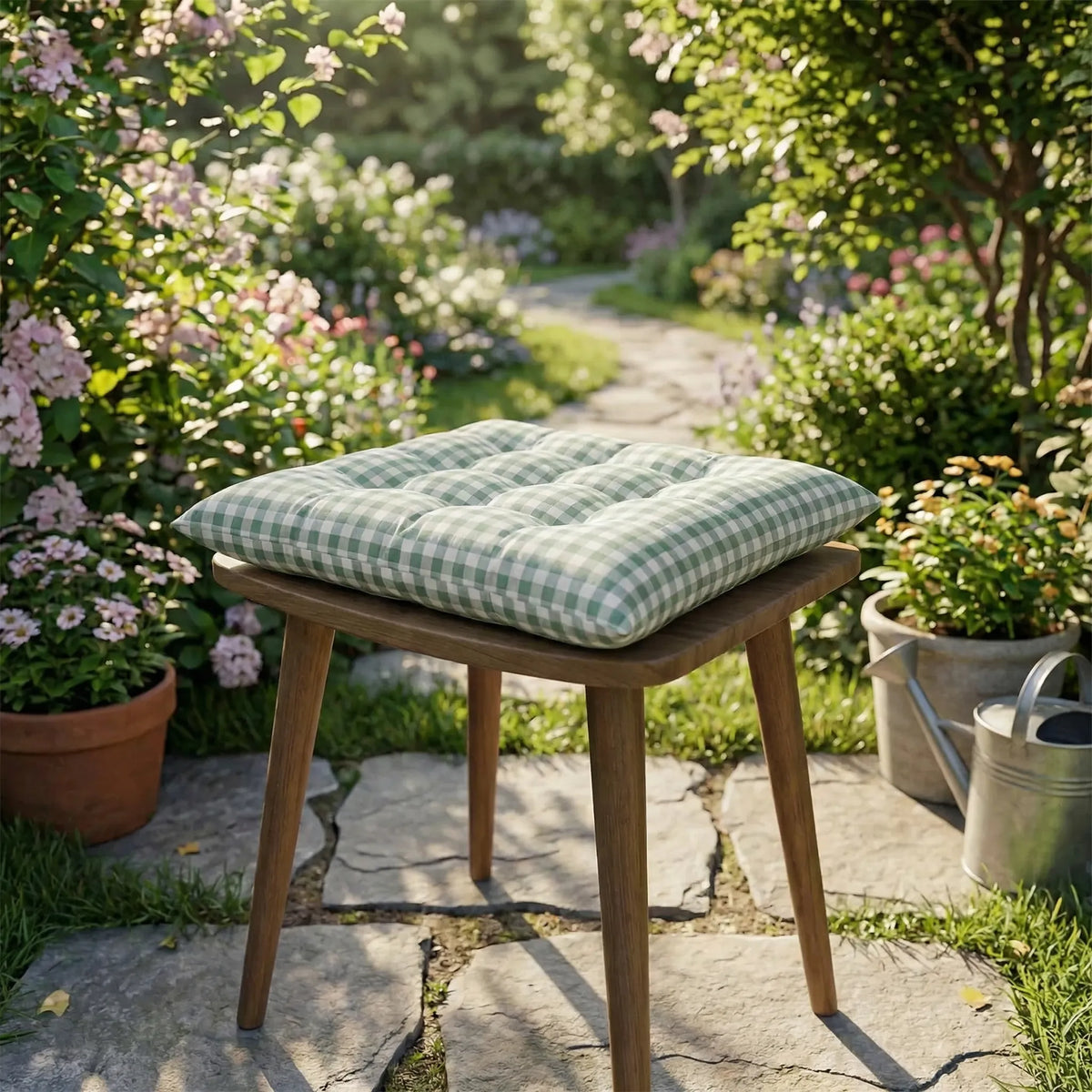 Square tufted chair pad with checkered pattern and attachment straps