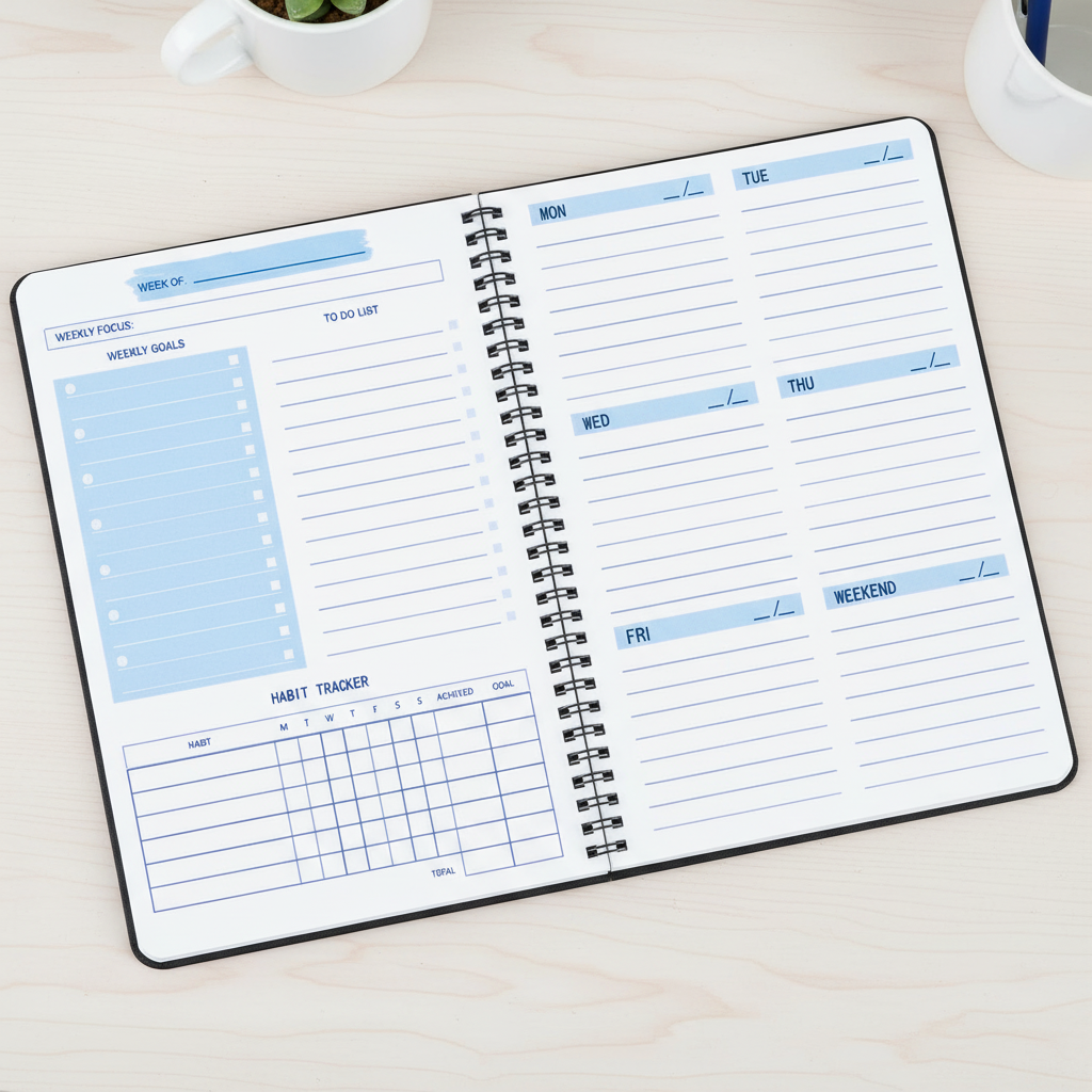 Weekly spiral planner with habit tracker and daily sections