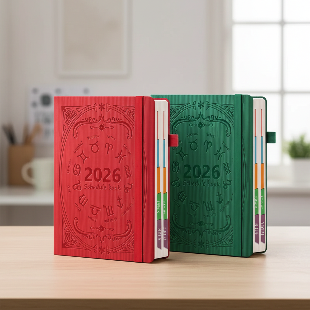 A5 daily planner with vertical calendar layout and coloured month tabs