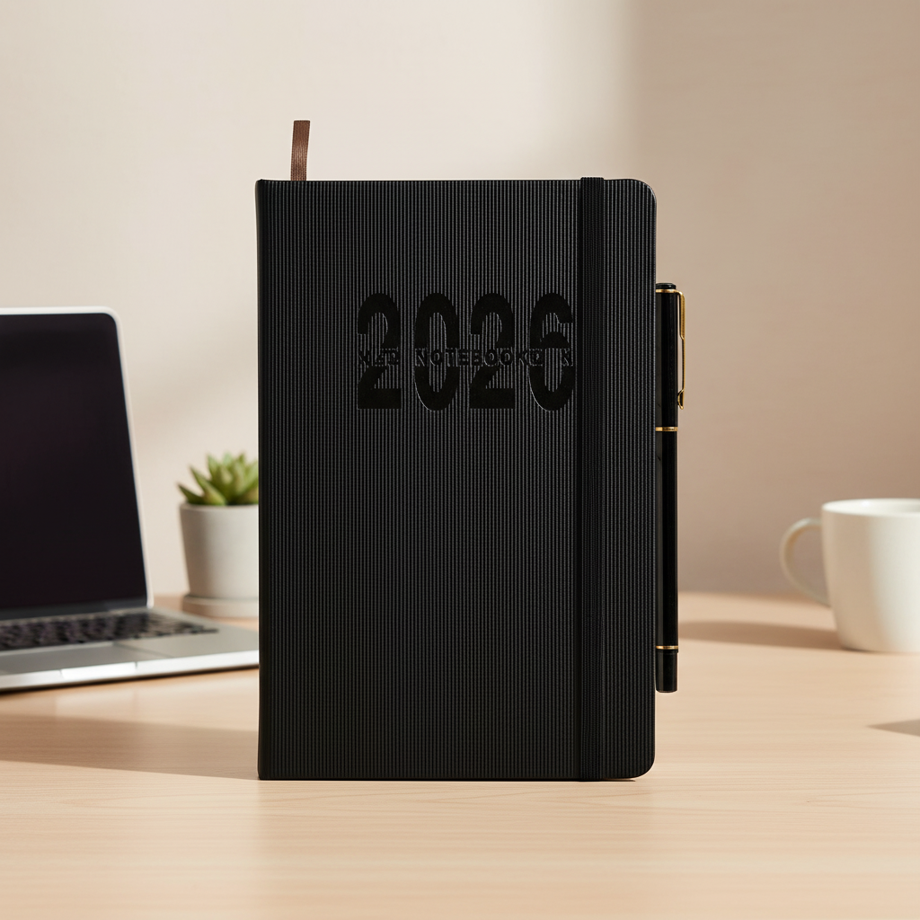 Thick daily planner notebook with habit tracker and tabbed sections