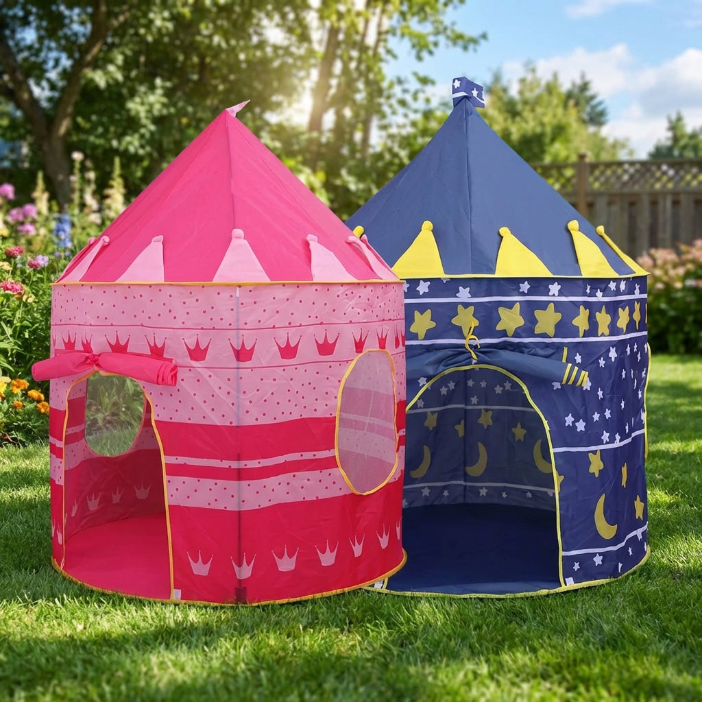 Kids foldable castle play tent with cartoon design and mesh windows