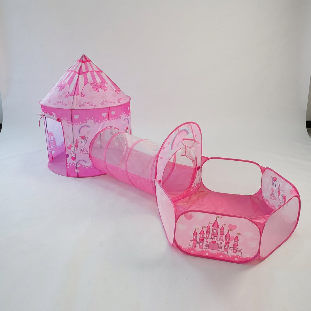 Kids play castle tent with connecting tunnel and ball pool