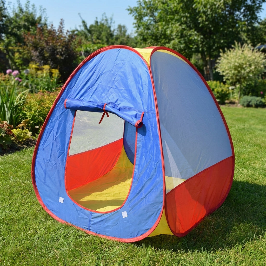 Kids pop-up play tent with mesh panels and castle design