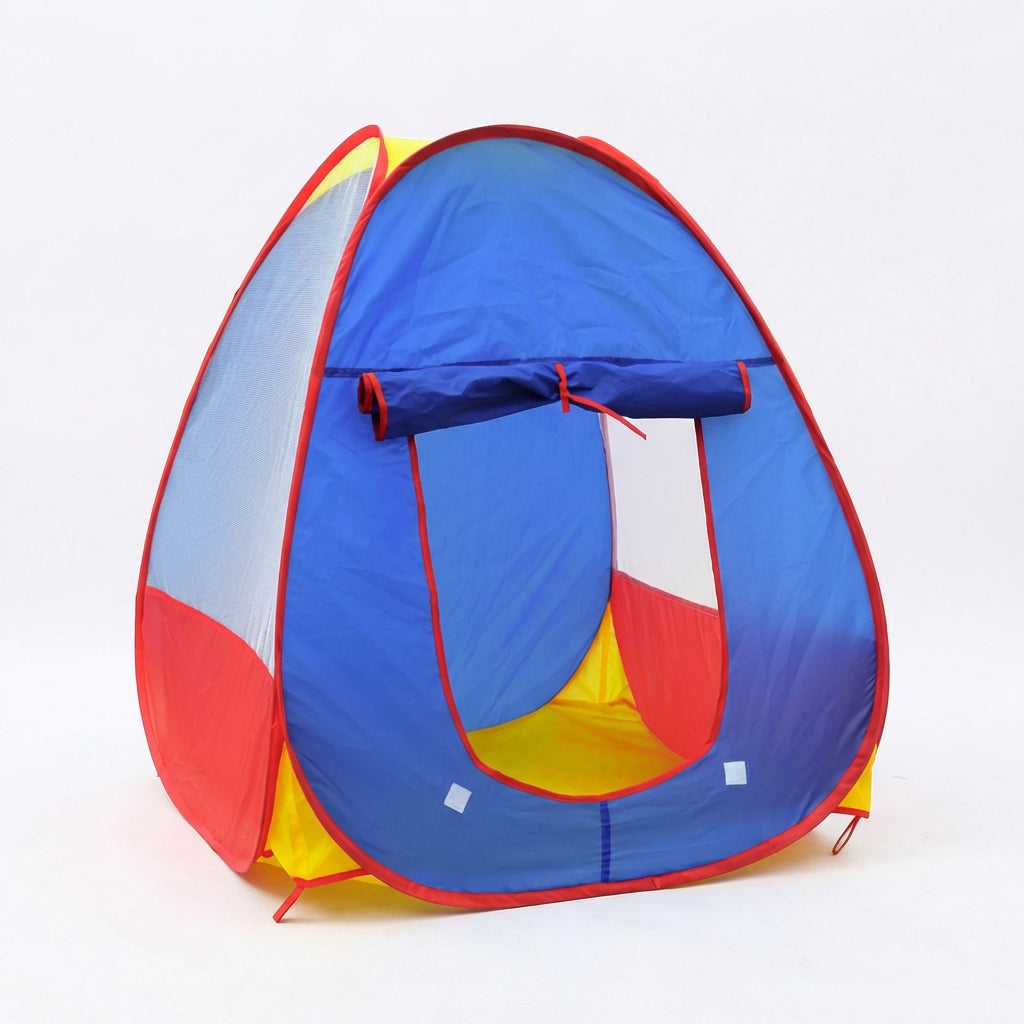 Kids pop-up play tent with mesh panels and castle design