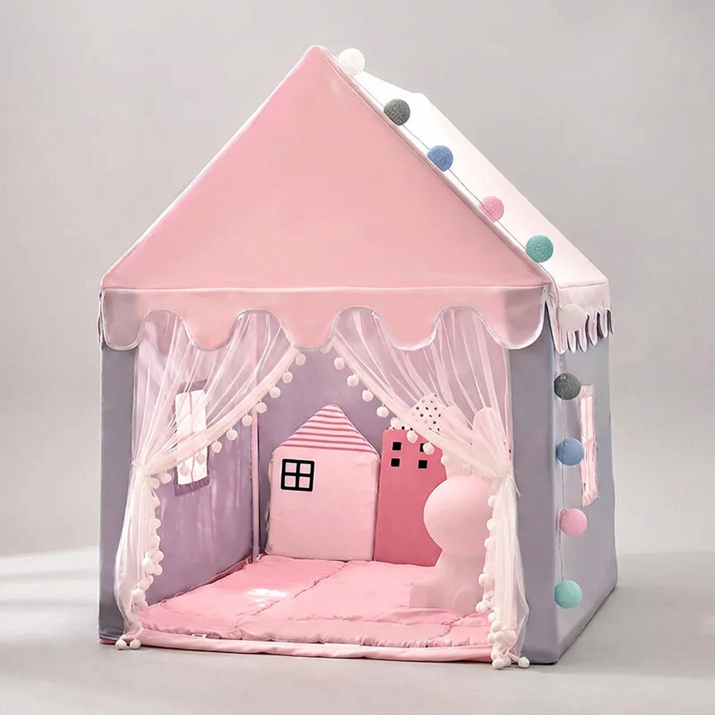Foldable children's play tent with peaked roof and drape curtains