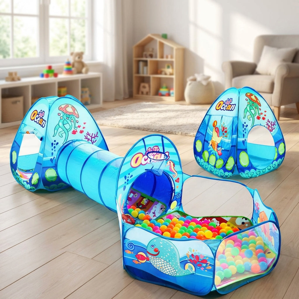 Foldable kids play tent with ball pool and tunnel