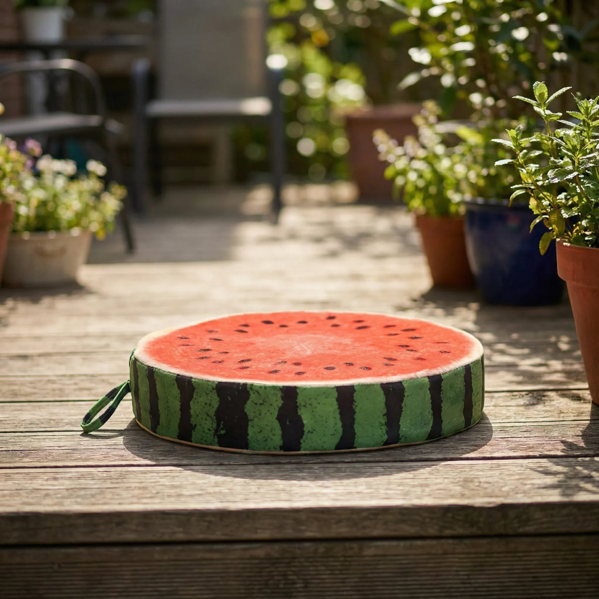 Round dining seat cushion with playful prints and thick padding