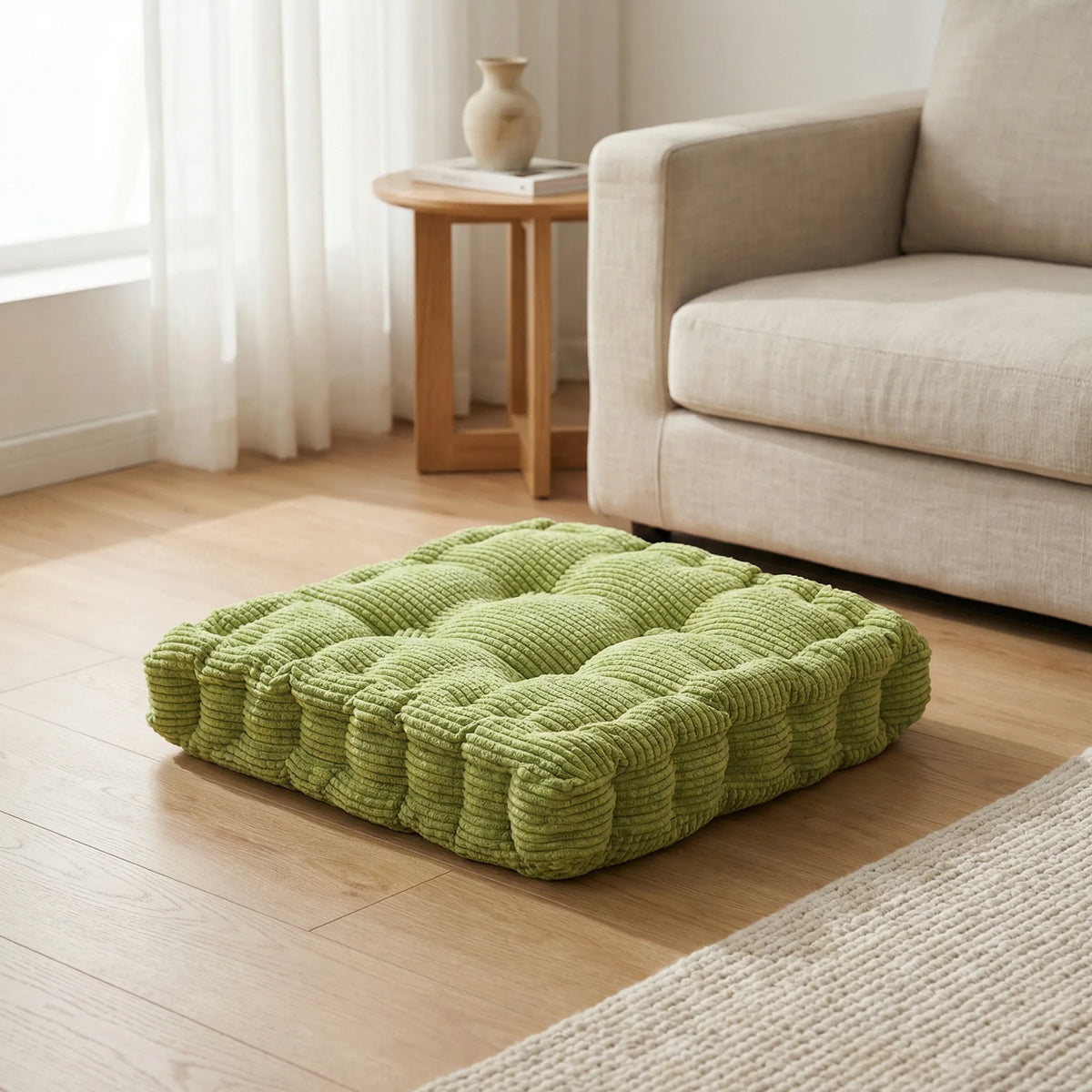 Thick quilted seat cushion with deep stitching and supportive padding