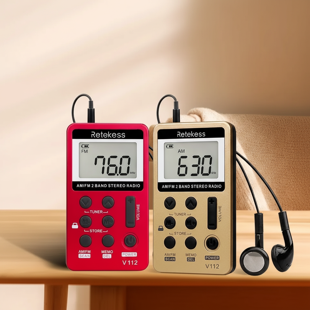 Compact rechargeable pocket radio with AM/FM reception and LCD display