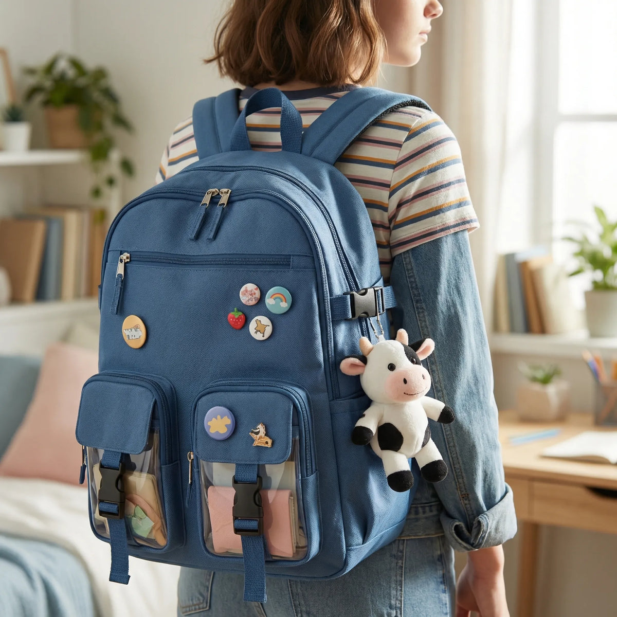 Girls school backpack with 7 compartments and transparent front pocket
