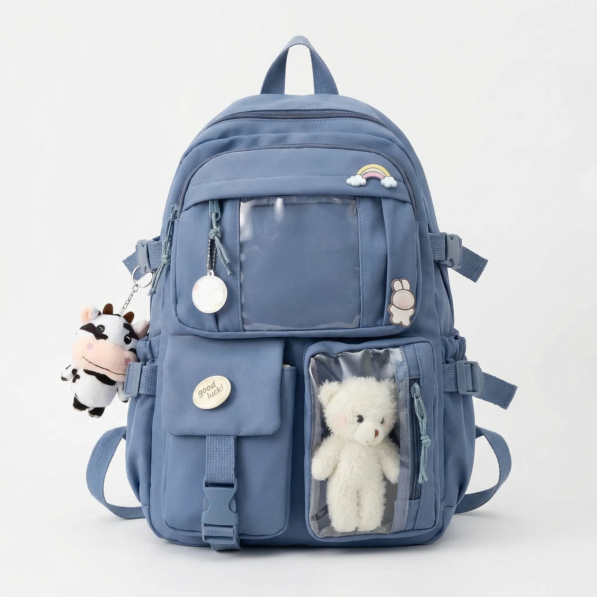 Girls school backpack with 7 compartments and transparent front pocket