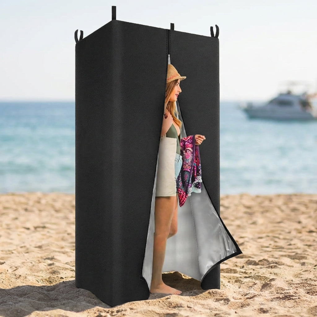 Portable privacy shower tent with water-resistant interior and freestanding frame