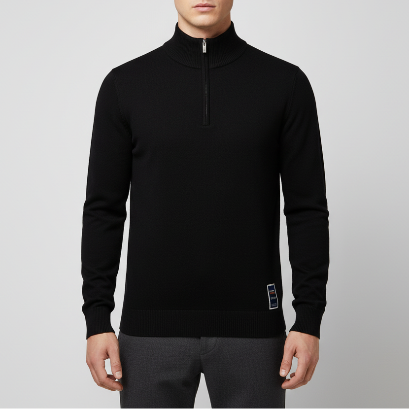 Quarter-zip pullover with stand collar and ribbed cuffs