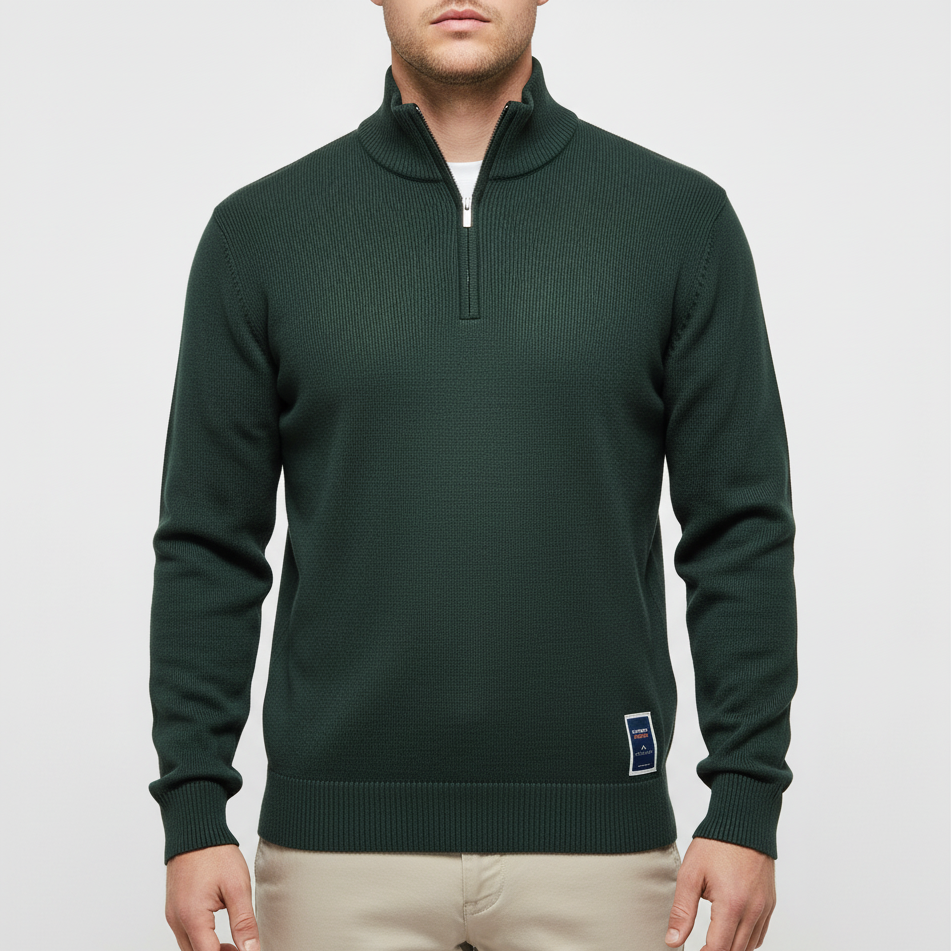 Quarter-zip pullover with stand collar and ribbed cuffs