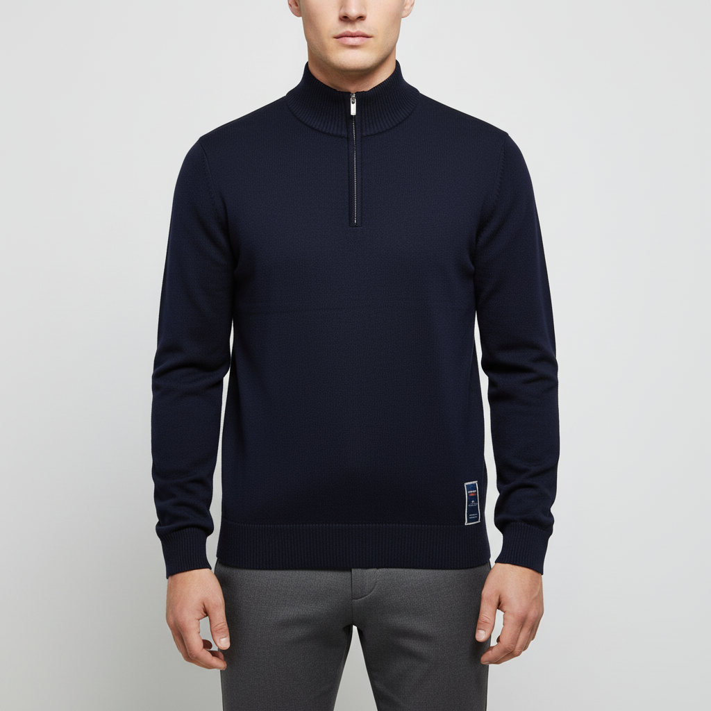 Quarter-zip pullover with stand collar and ribbed cuffs