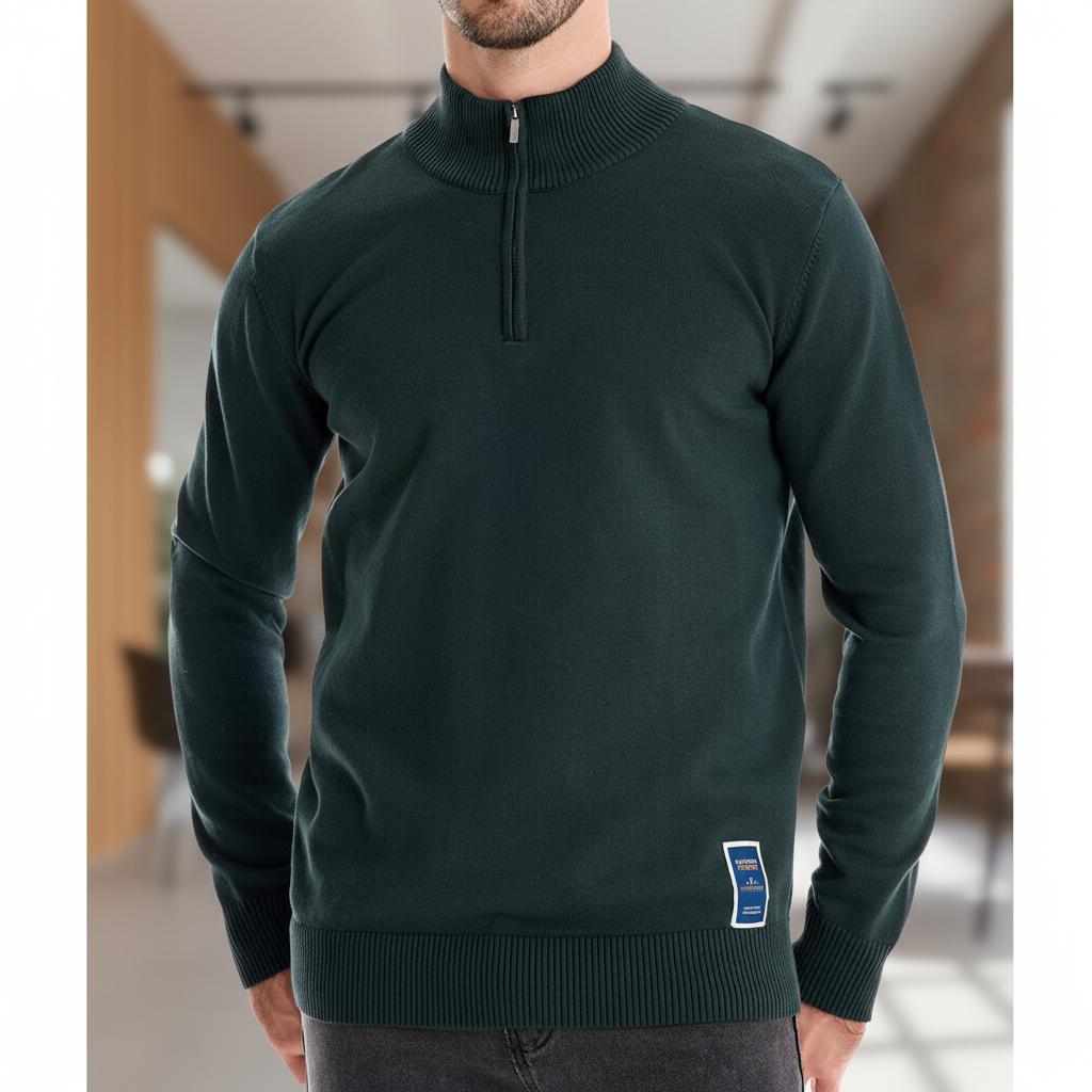 Quarter-zip pullover with stand collar and ribbed cuffs
