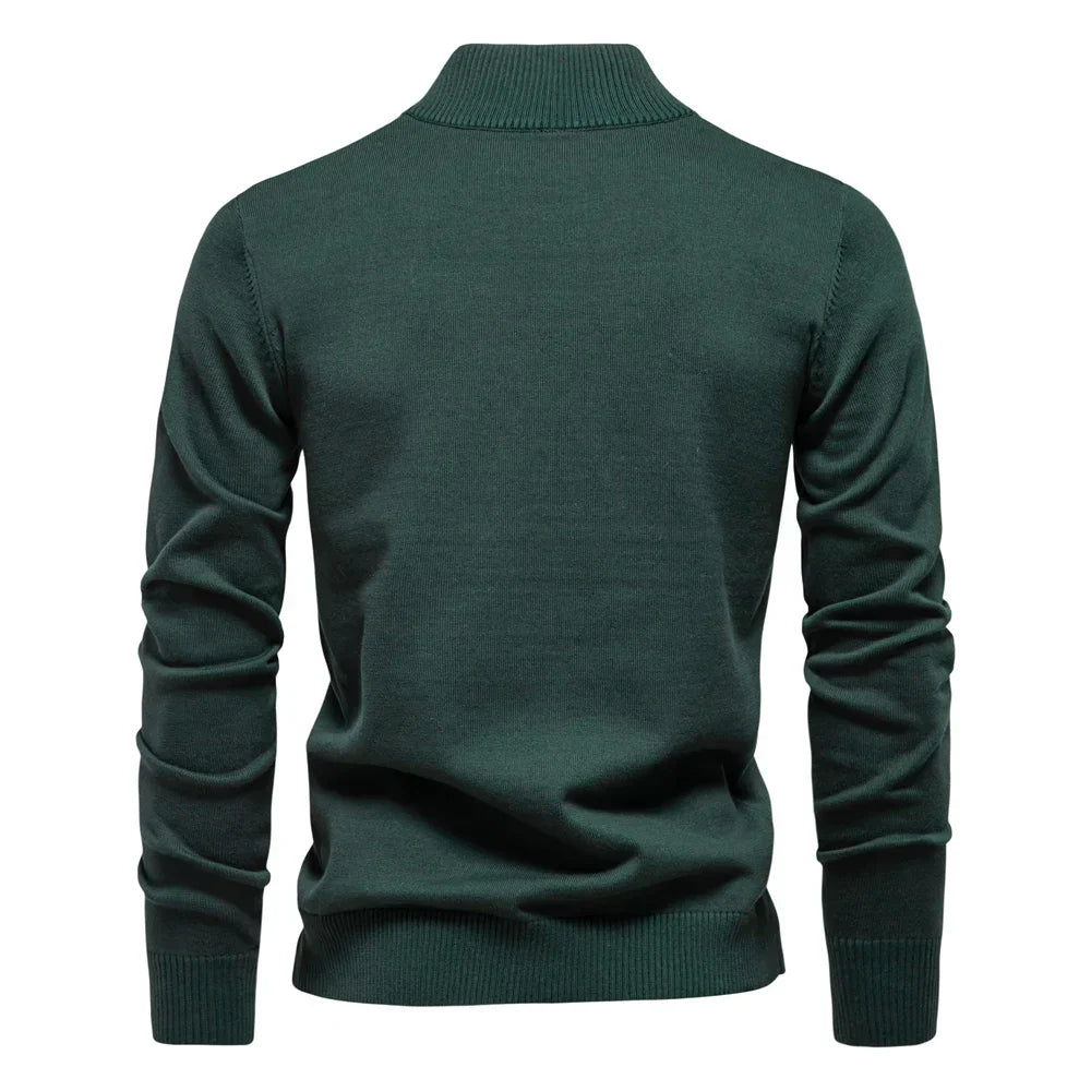 Quarter-zip pullover with stand collar and ribbed cuffs