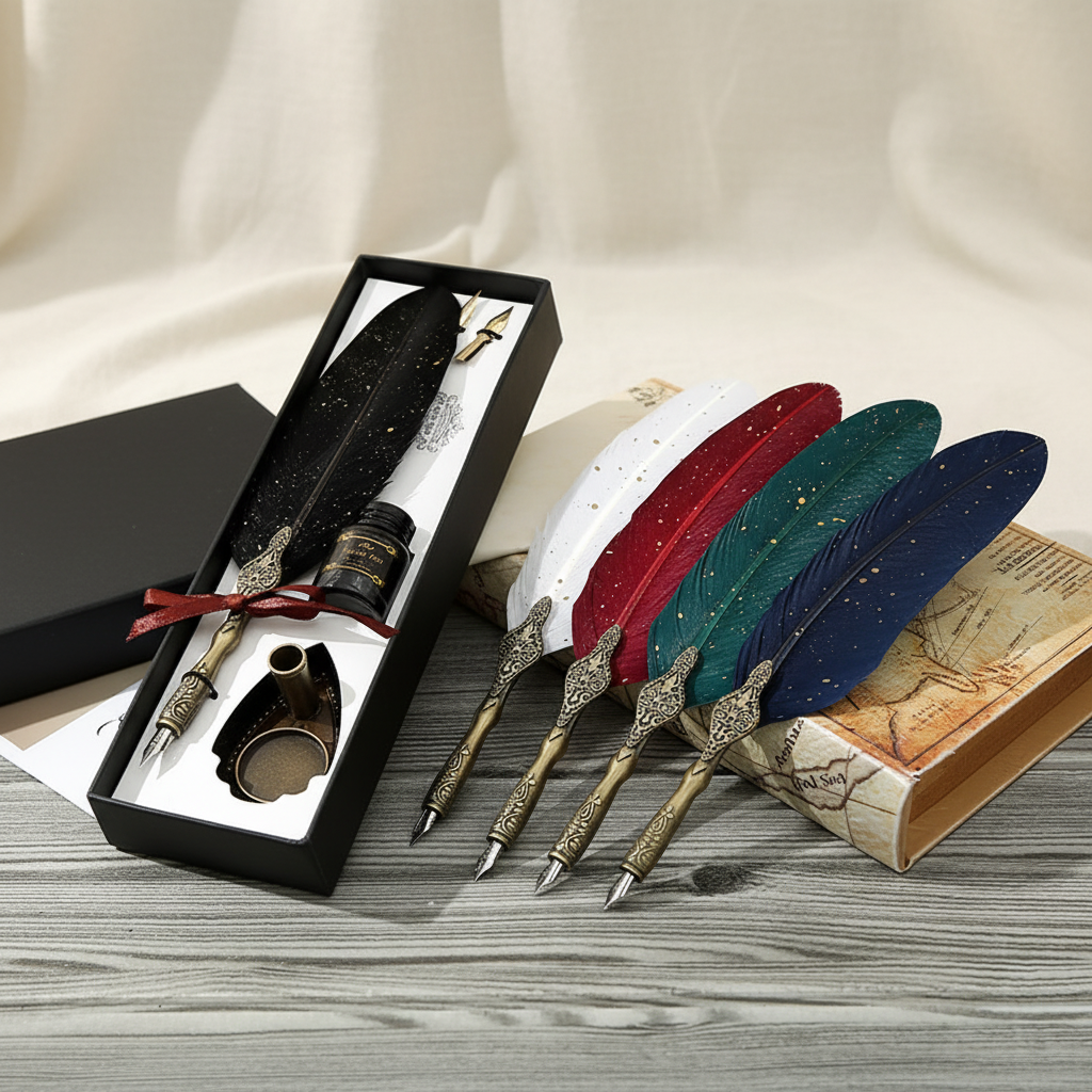 Vintage feather calligraphy pen set with oblique nib and ink bottle