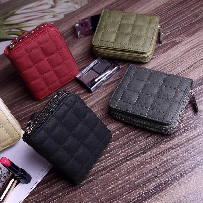 Compact quilted zip wallet with multiple card slots and coin pocket