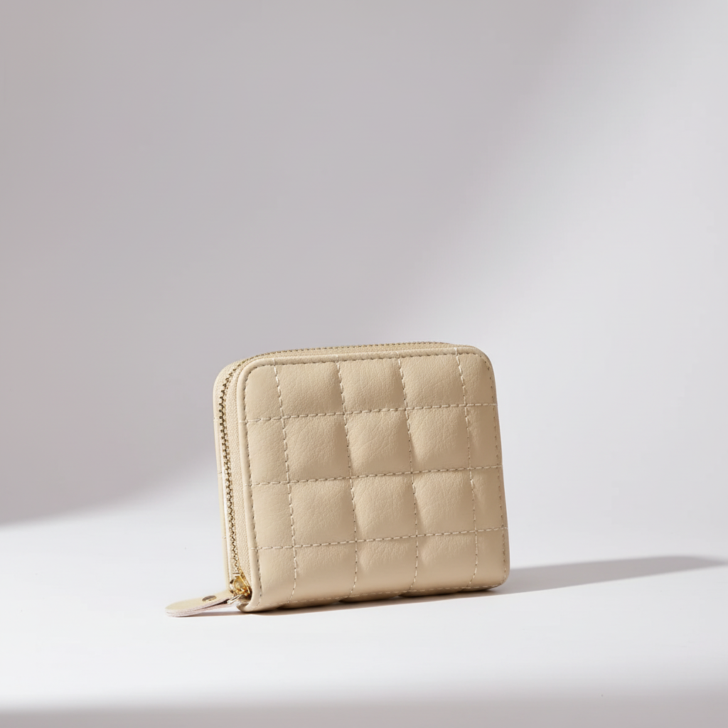Compact quilted zip wallet with multiple card slots and coin pocket
