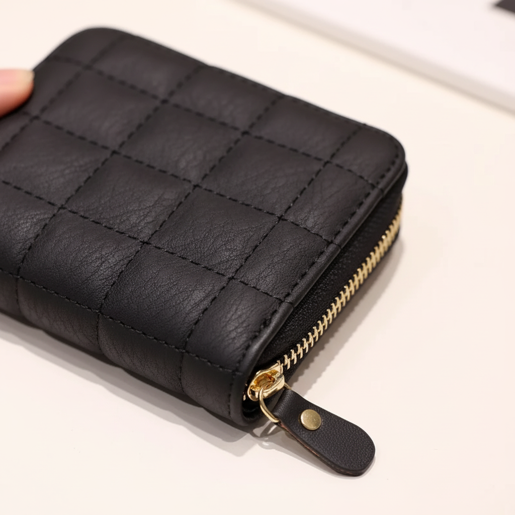Compact quilted zip wallet with multiple card slots and coin pocket