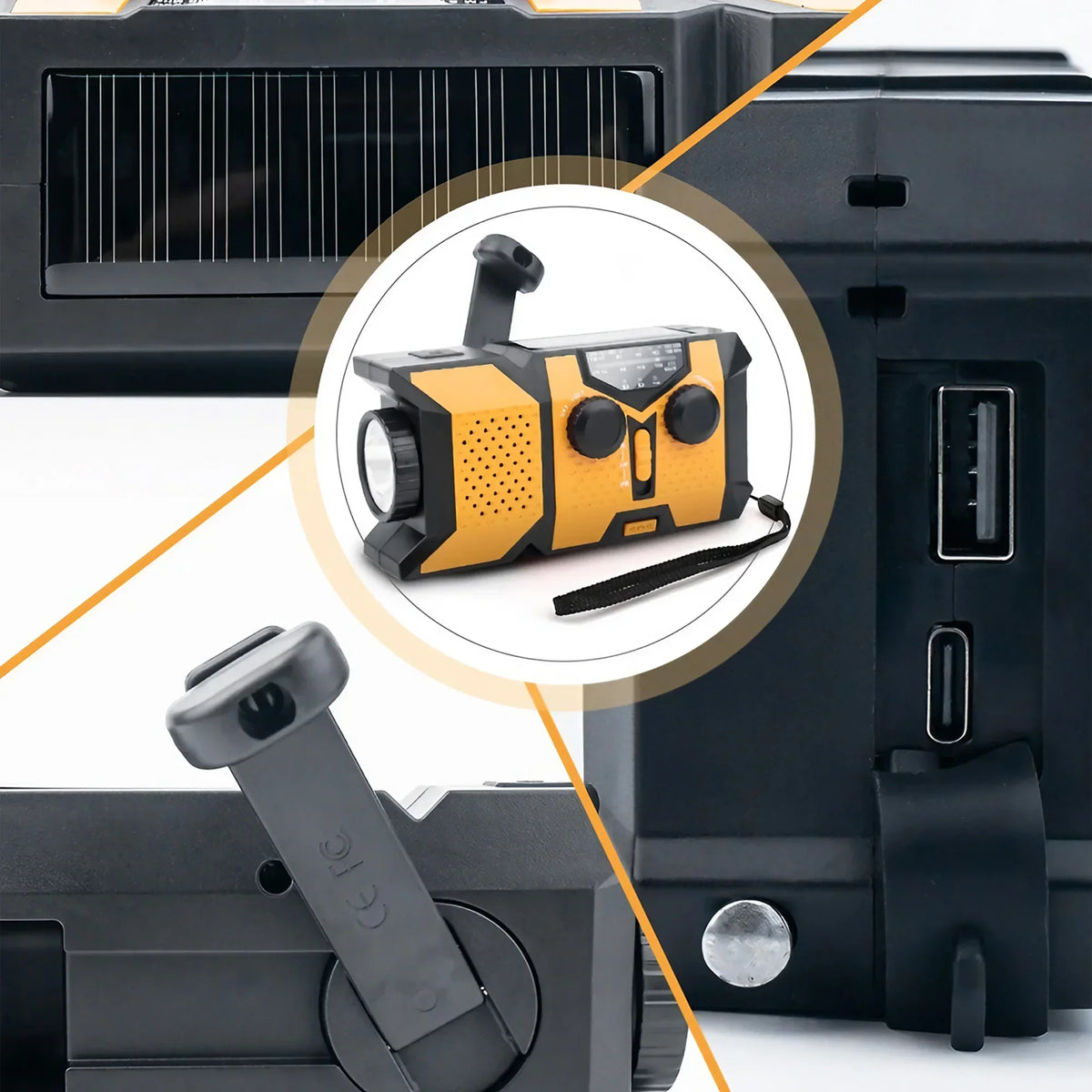 Portable emergency hand crank radio with LED flashlight and solar charging