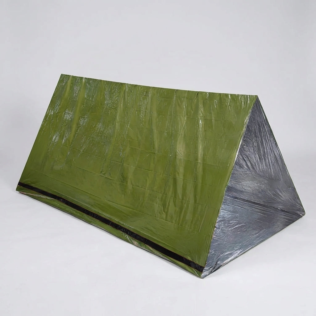 Compact emergency bivvy shelter with high visibility outer surface and reflective lining