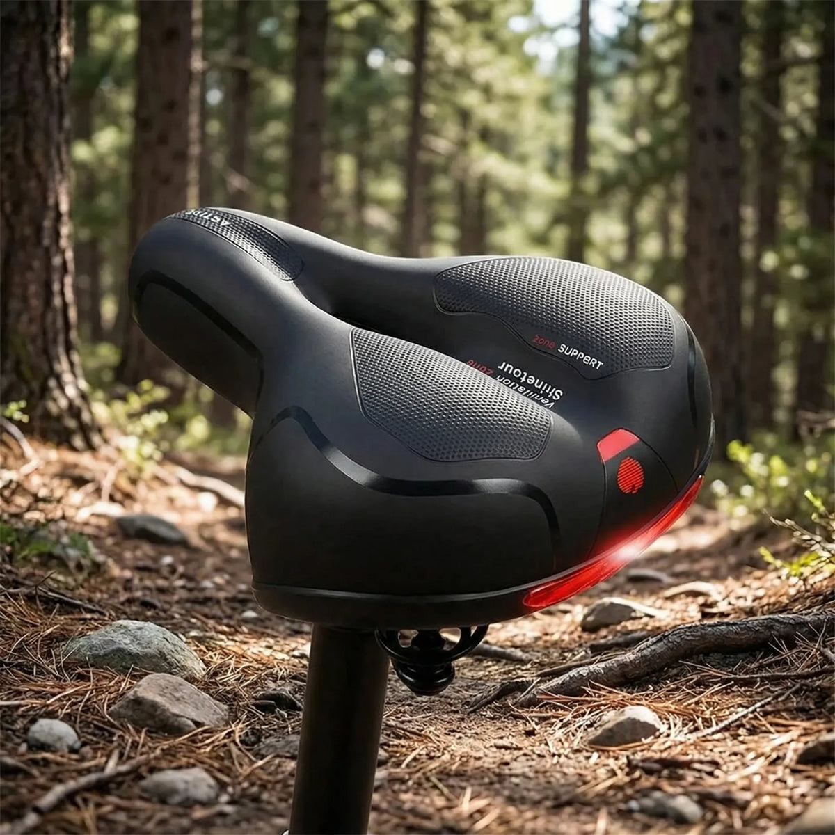 Ergonomic padded bike saddle with shock absorption and reflective safety