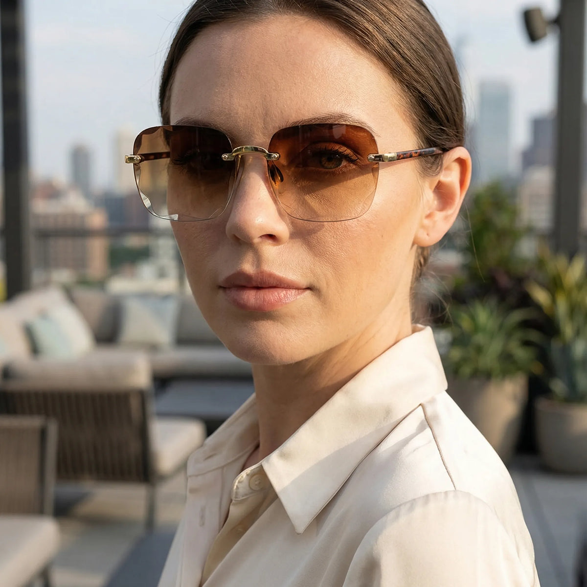 Square rimless sunglasses with mirror-tinted gradient lenses in oversized frameless design