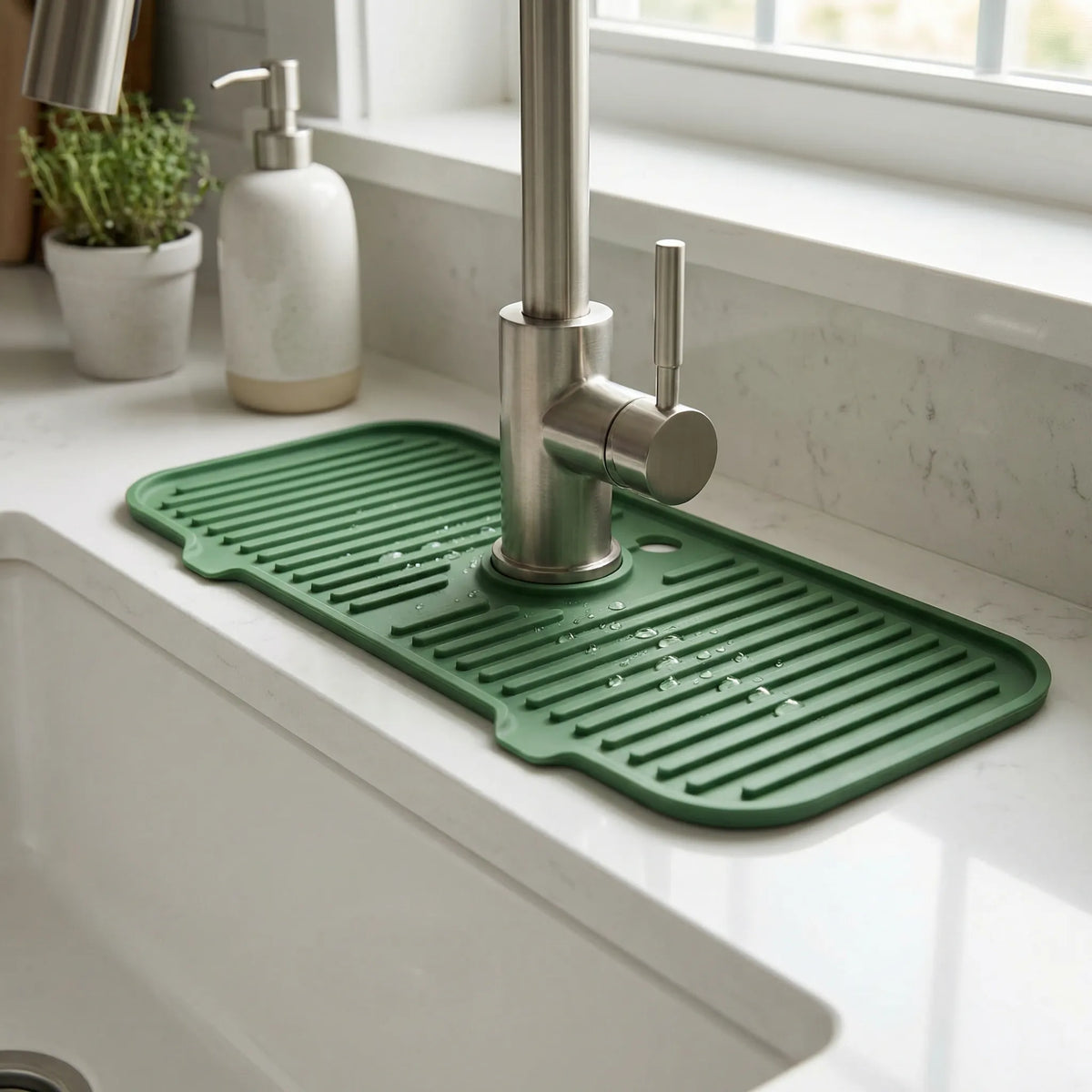 Flexible tap splash mat with drainage channels and centred cutout