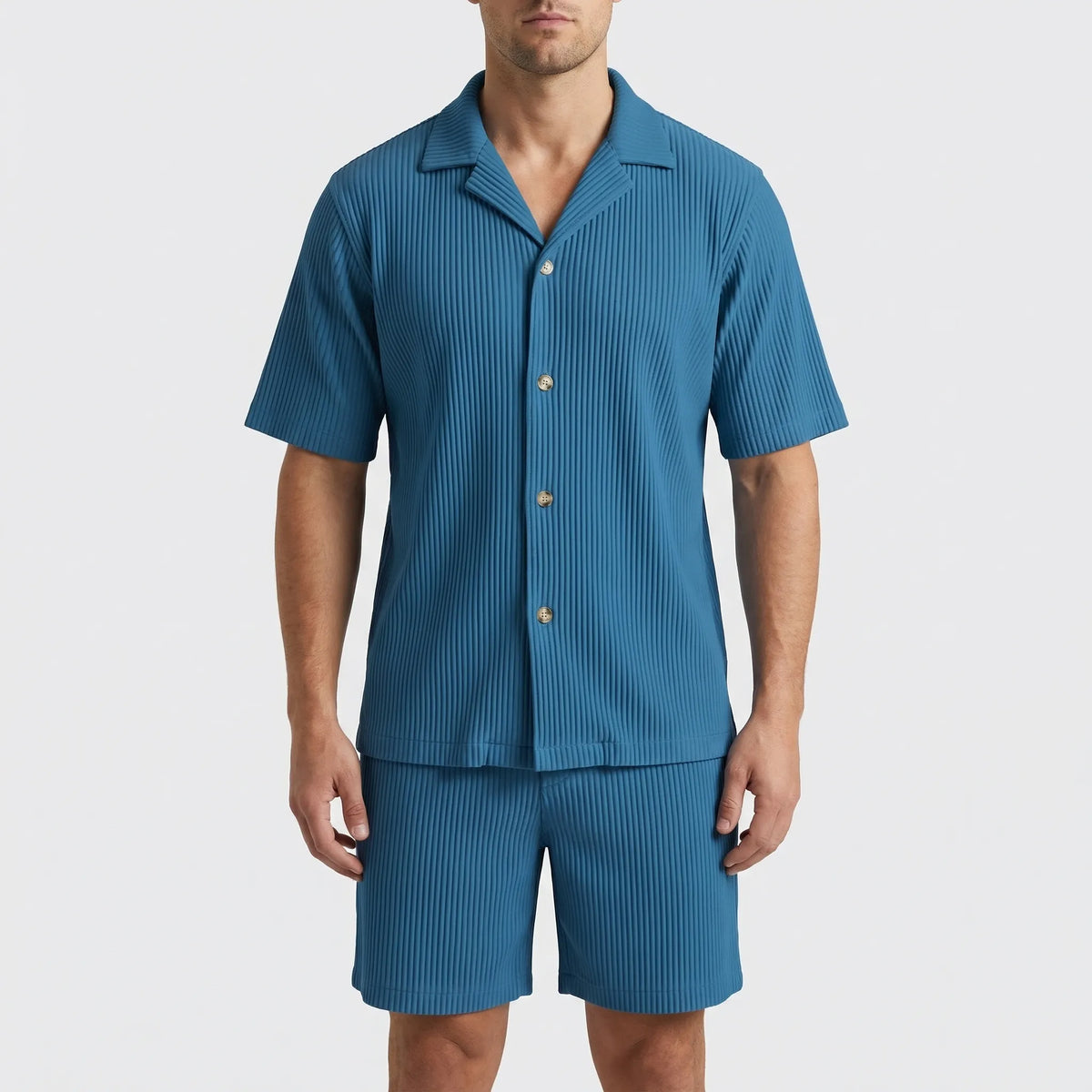 Men's ribbed shirt and shorts set with stretch waistband relaxed fit