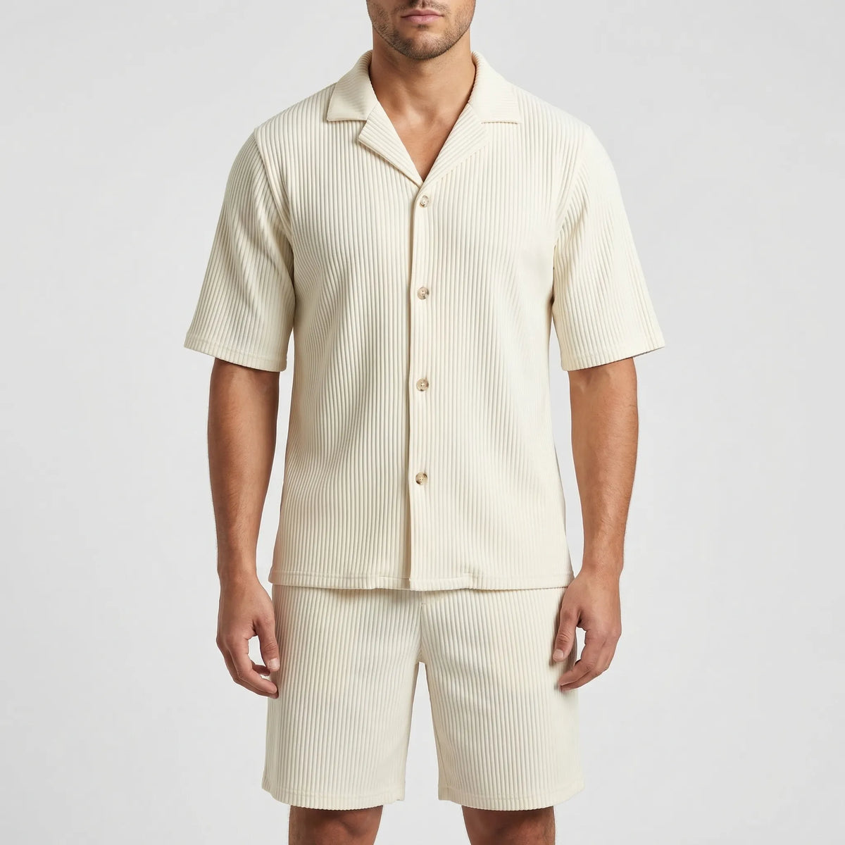 Men's ribbed shirt and shorts set with stretch waistband relaxed fit
