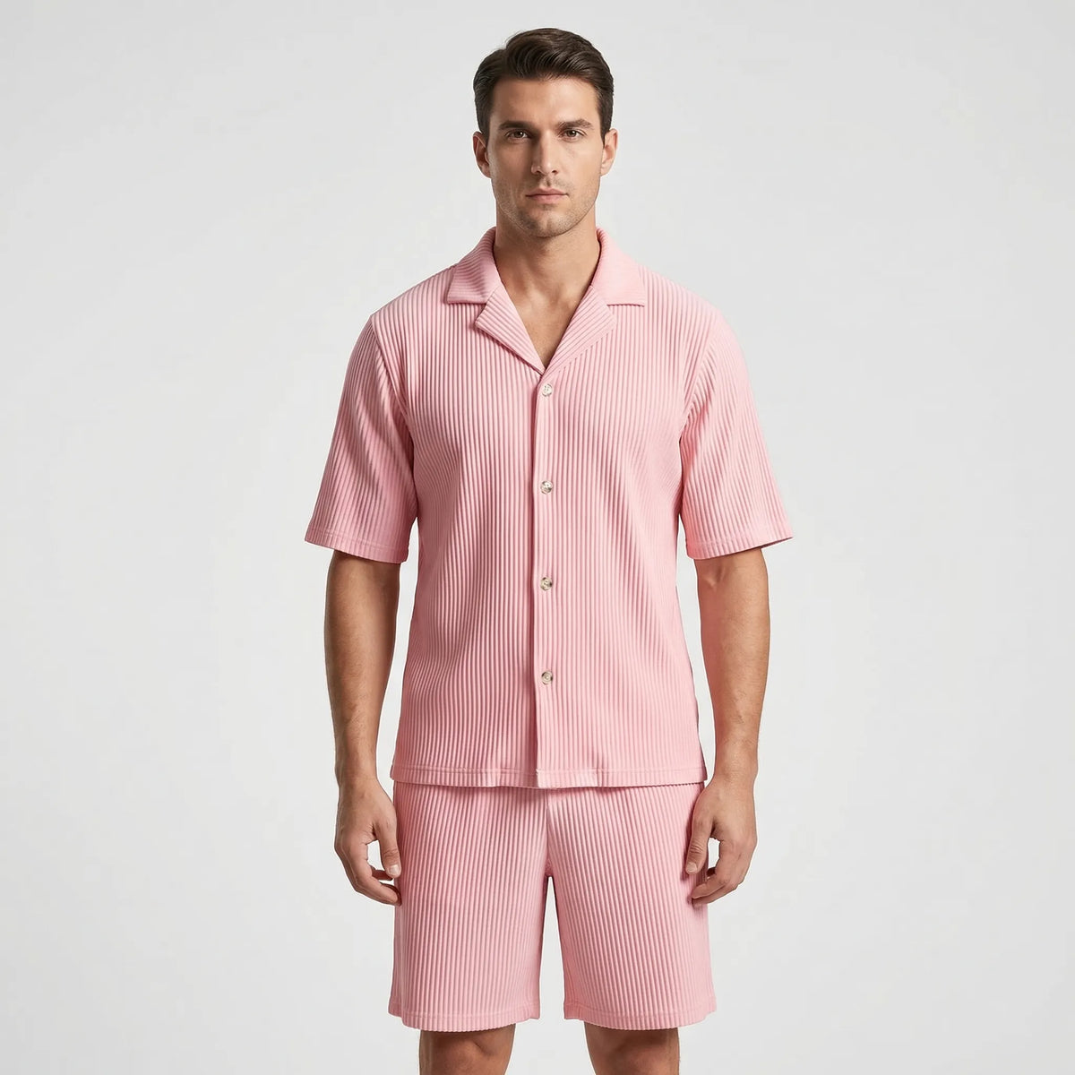 Men's ribbed shirt and shorts set with stretch waistband relaxed fit