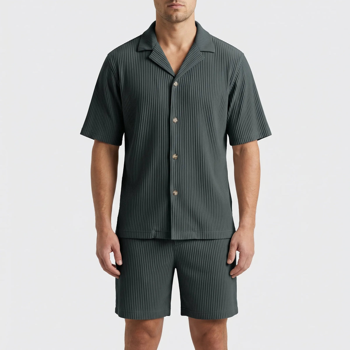 Men's ribbed shirt and shorts set with stretch waistband relaxed fit