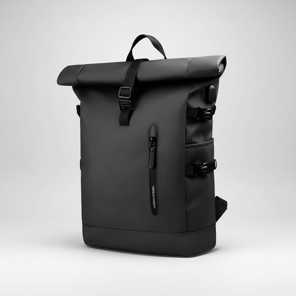 Water-resistant rolltop backpack with USB port and padded laptop compartment