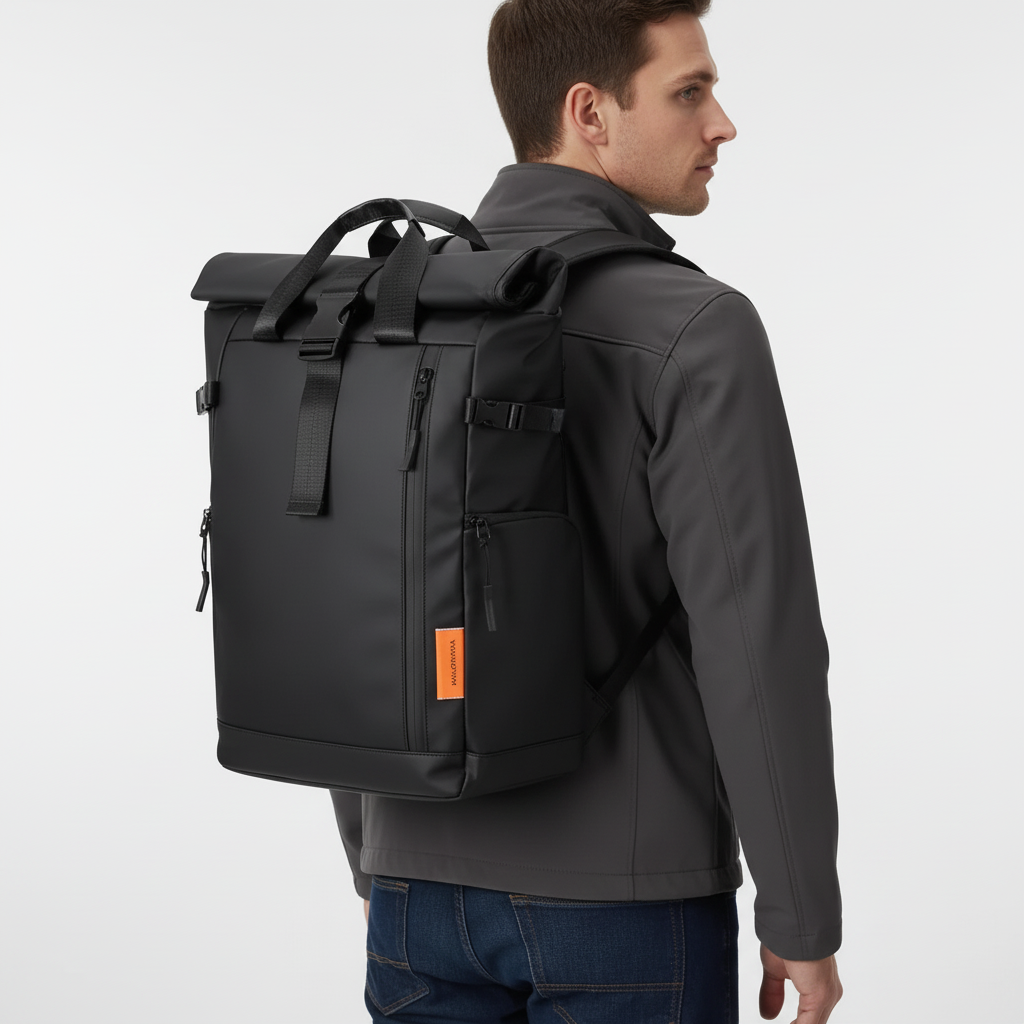 Water-resistant laptop backpack with rolltop closure and luggage carry handle
