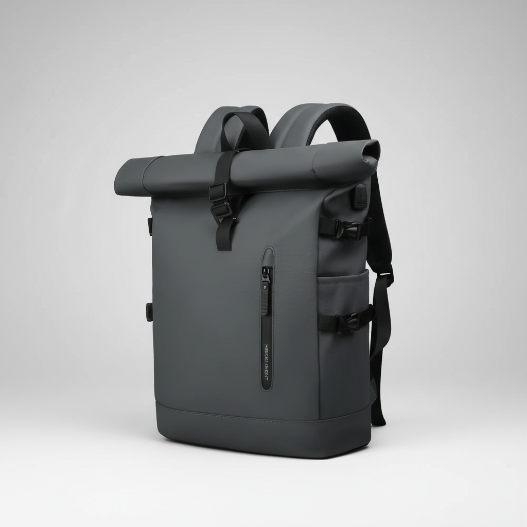 Water-resistant rolltop backpack with USB port and padded laptop compartment