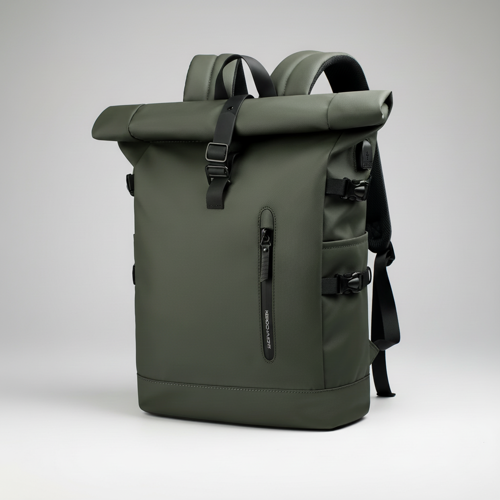 Water-resistant rolltop backpack with USB port and padded laptop compartment