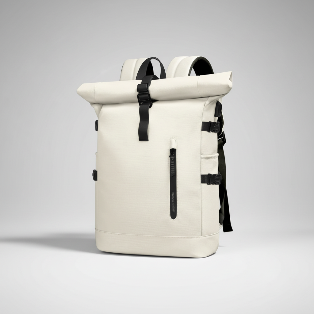 Water-resistant rolltop backpack with USB port and padded laptop compartment