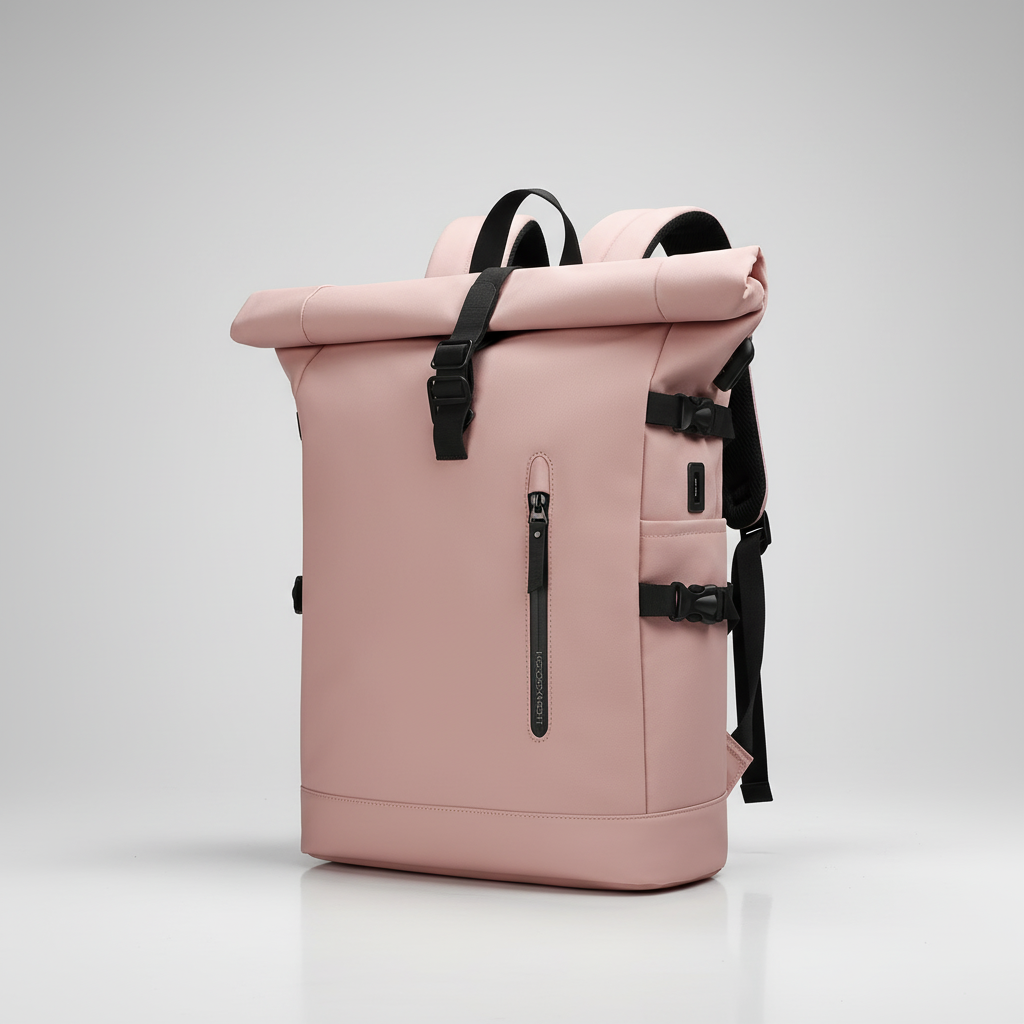 Water-resistant rolltop backpack with USB port and padded laptop compartment