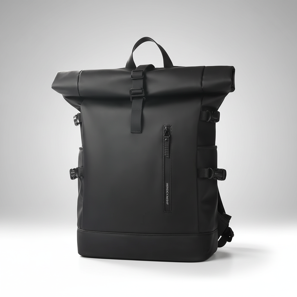 Water-resistant rolltop backpack with USB port and padded laptop compartment