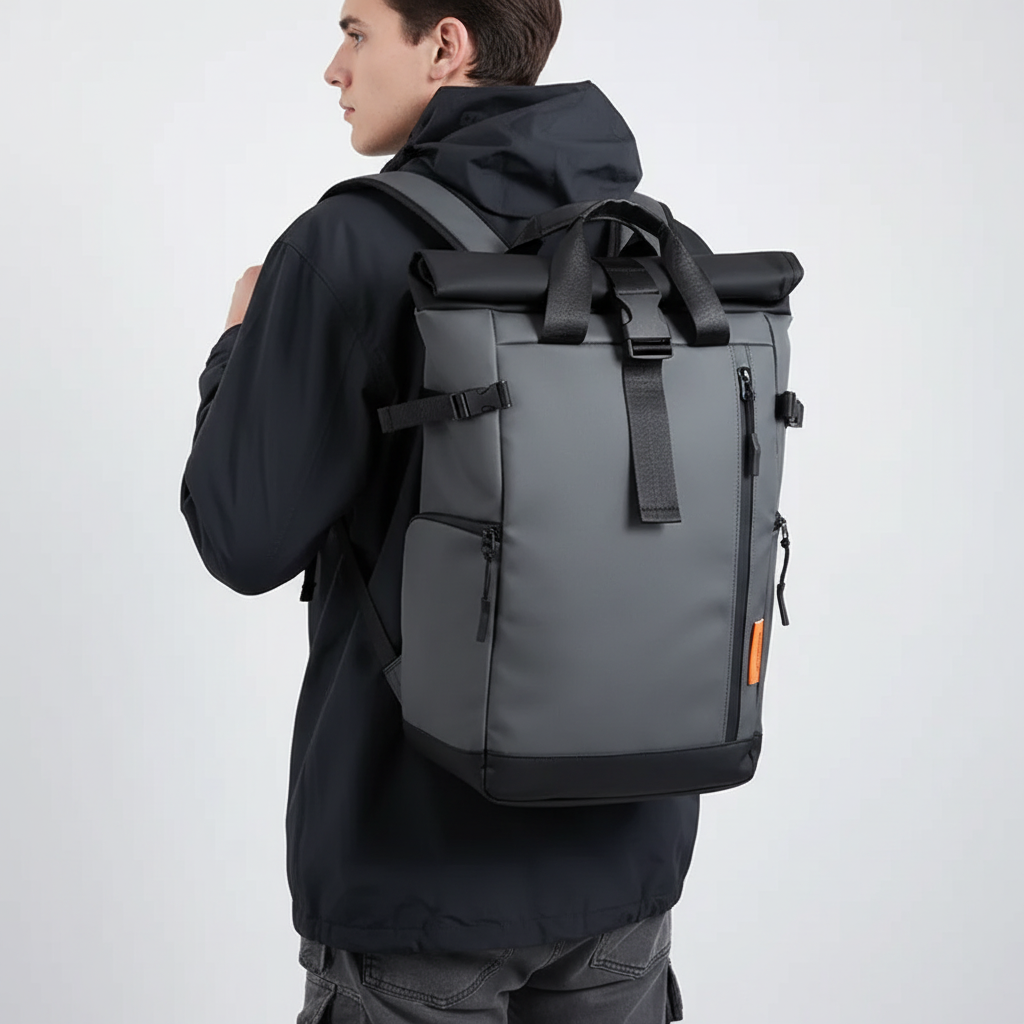 Water-resistant laptop backpack with rolltop closure and luggage carry handle