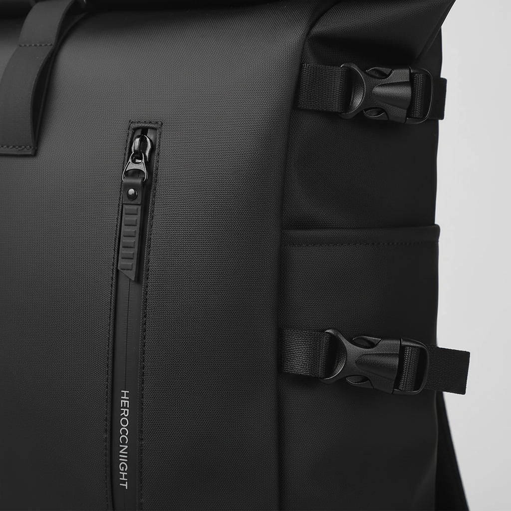 Water-resistant rolltop backpack with USB port and padded laptop compartment