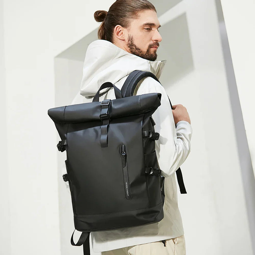 Water-resistant rolltop backpack with USB port and padded laptop compartment