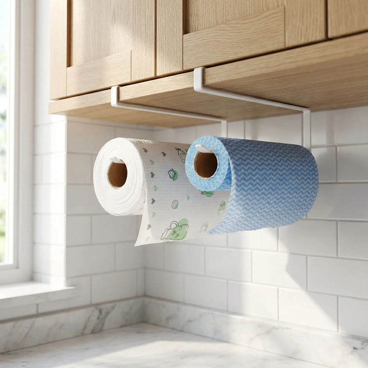 Under-shelf paper roll holder with tool-free installation