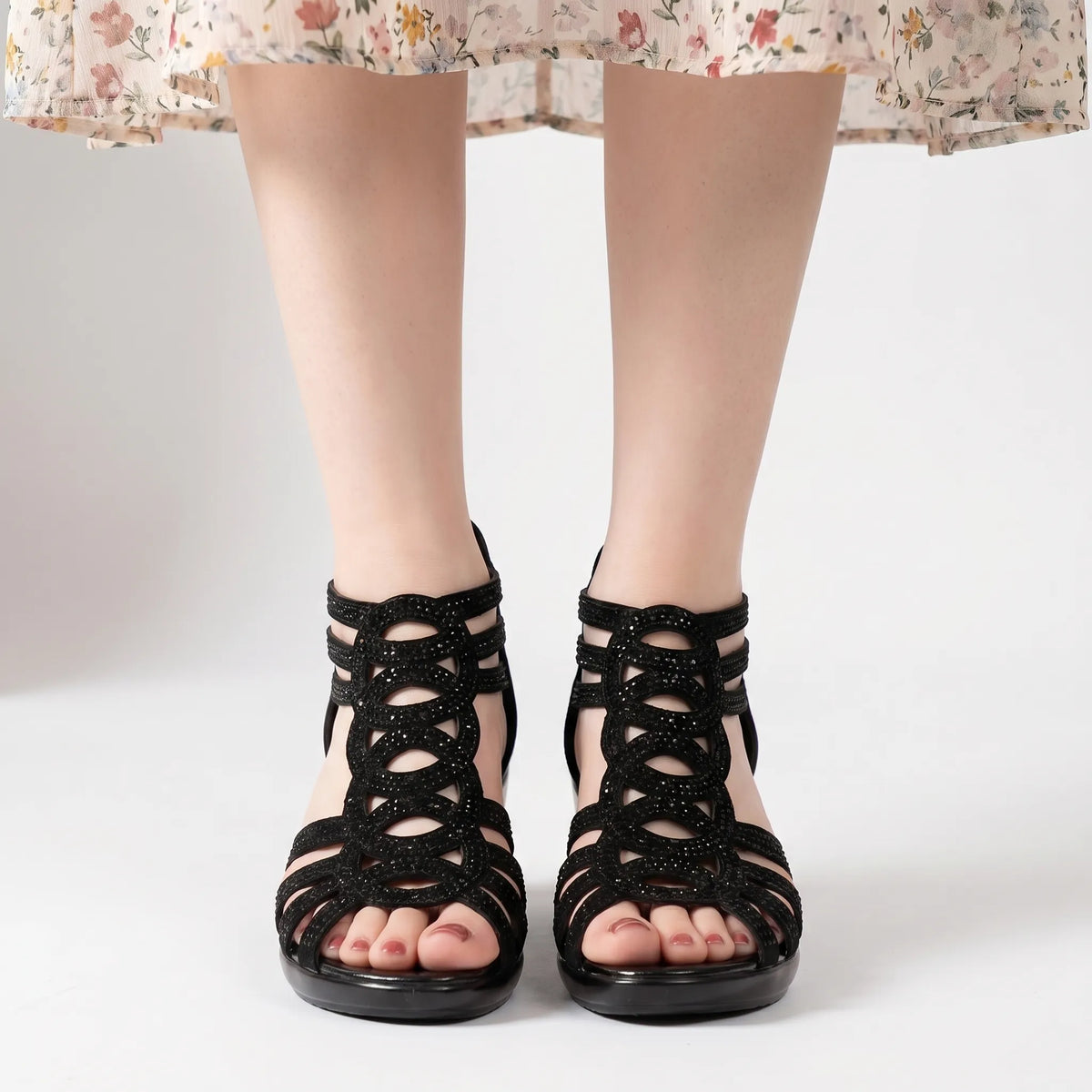 Women's wedge sandal with open toe, strap cut-out design and zip