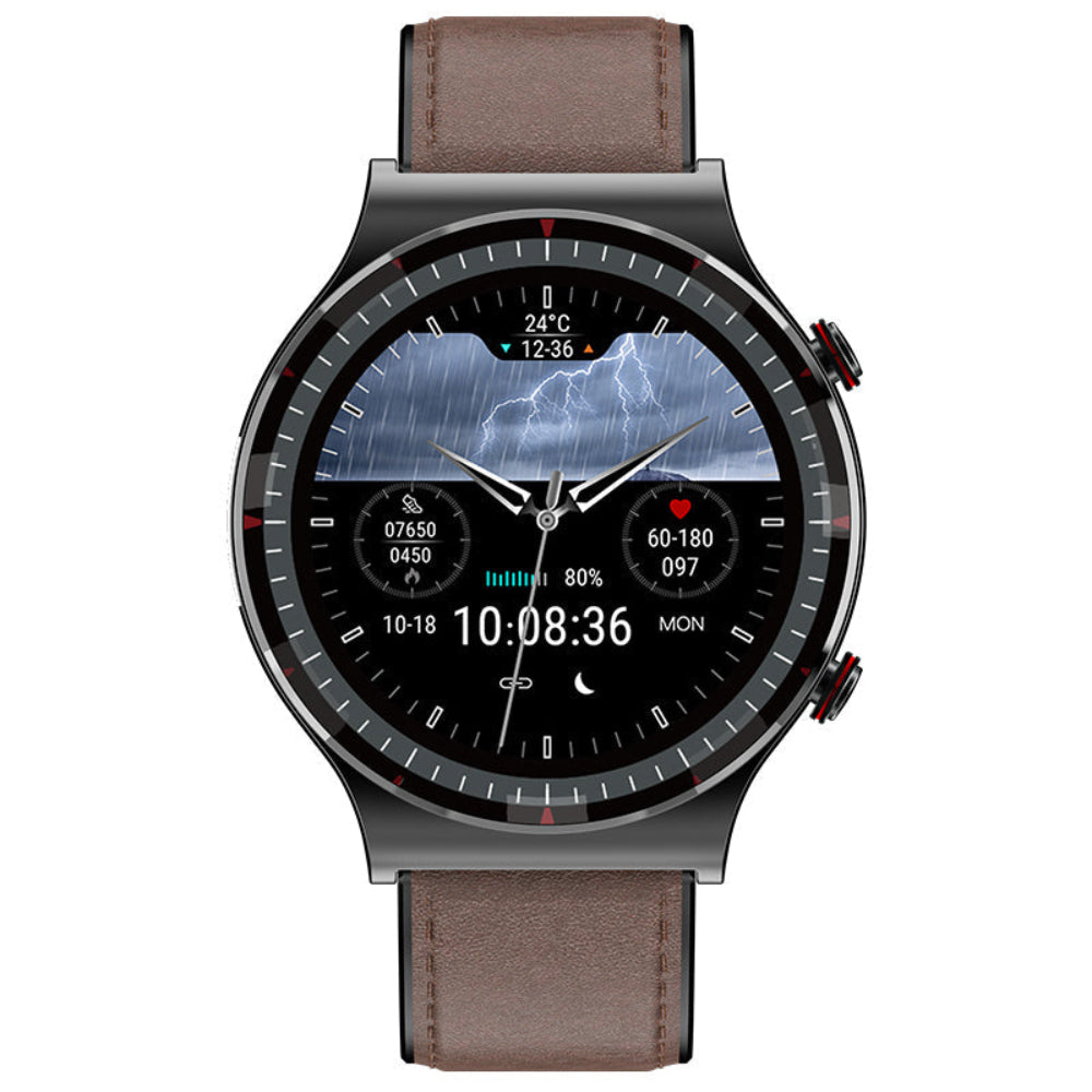 Round HD touchscreen smartwatch with health tracking features