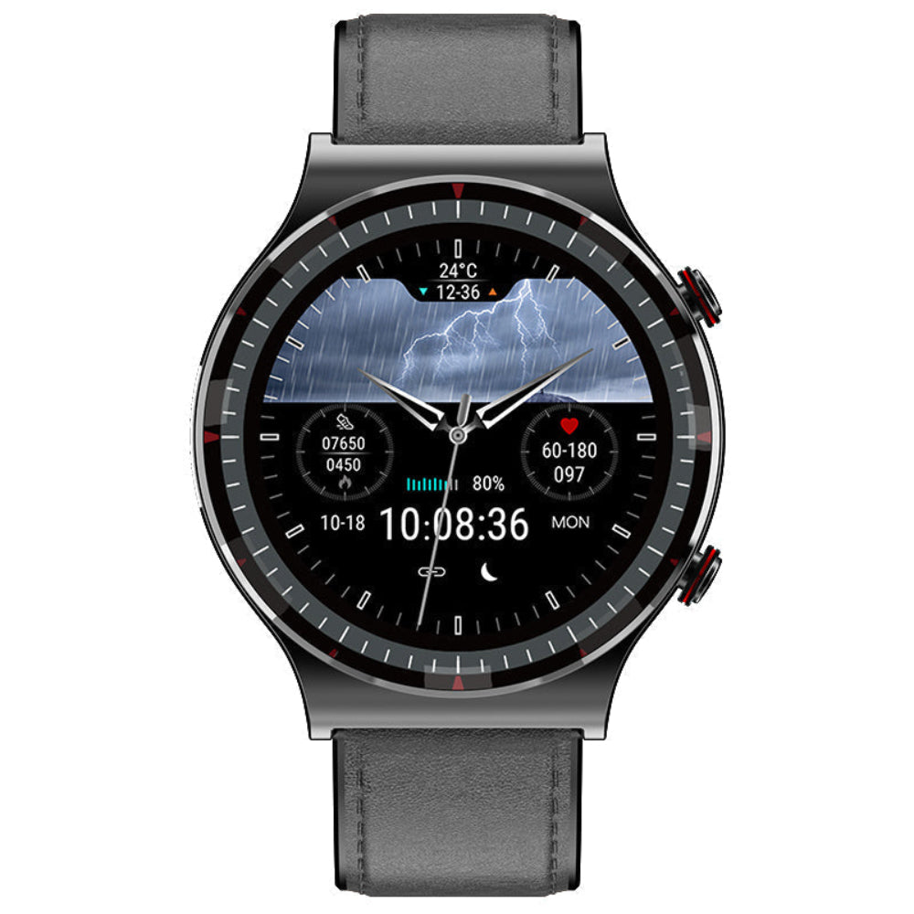 Round HD touchscreen smartwatch with health tracking features