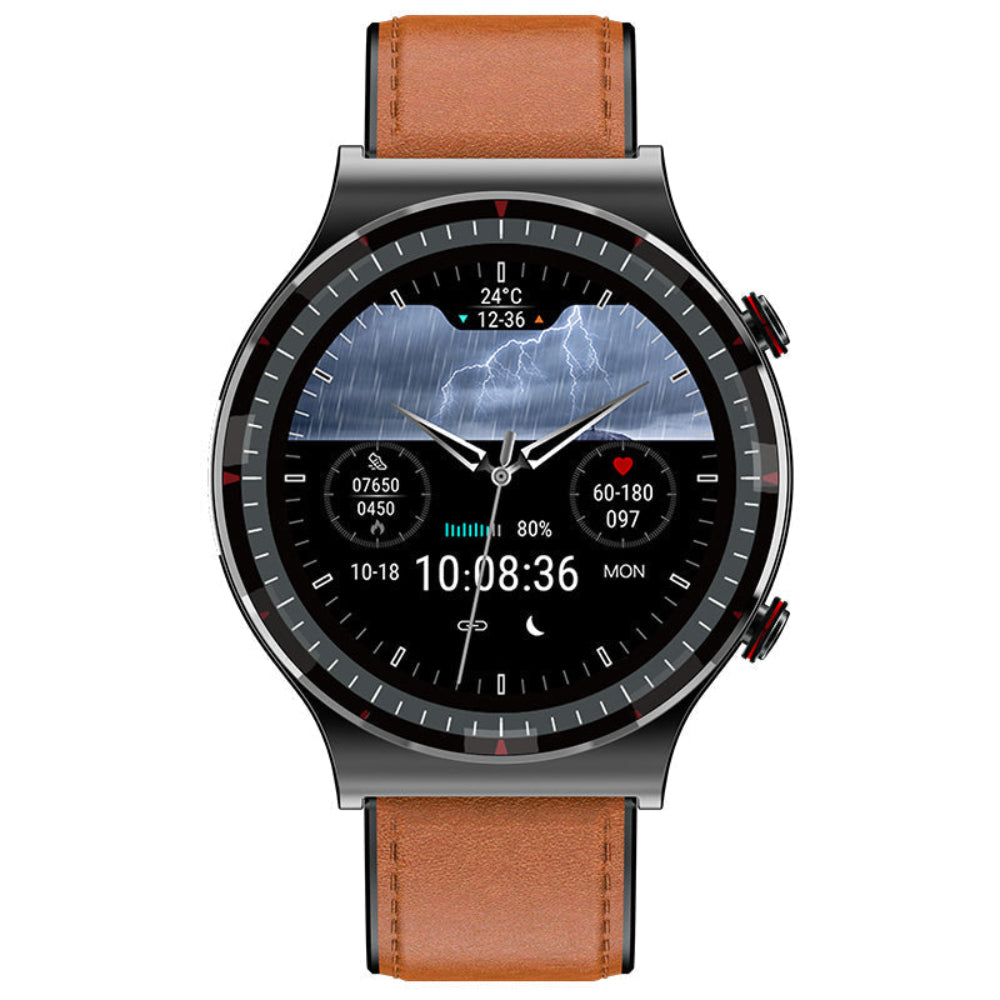 Round HD touchscreen smartwatch with health tracking features