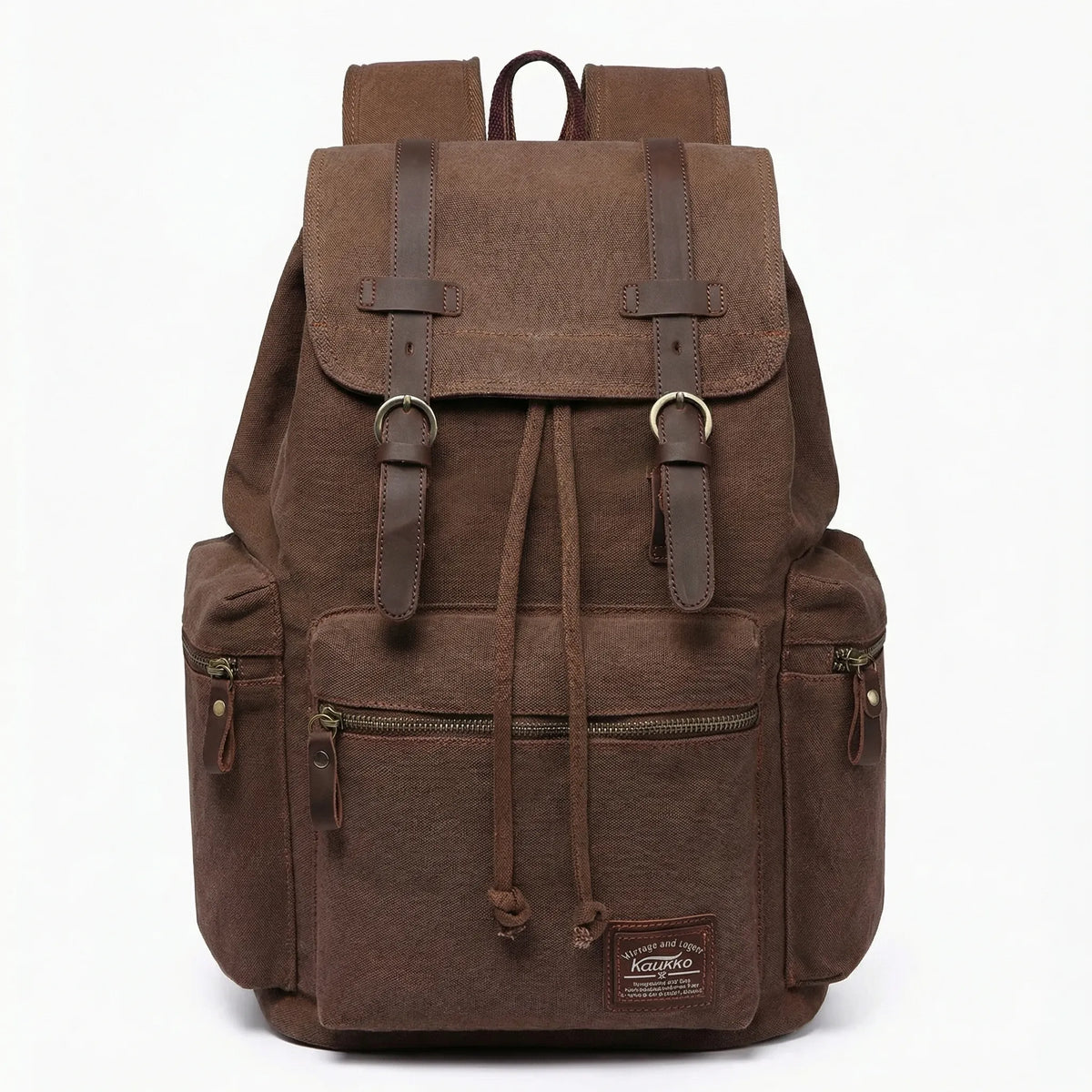 Vintage woven canvas backpack with drawstring and multiple pockets